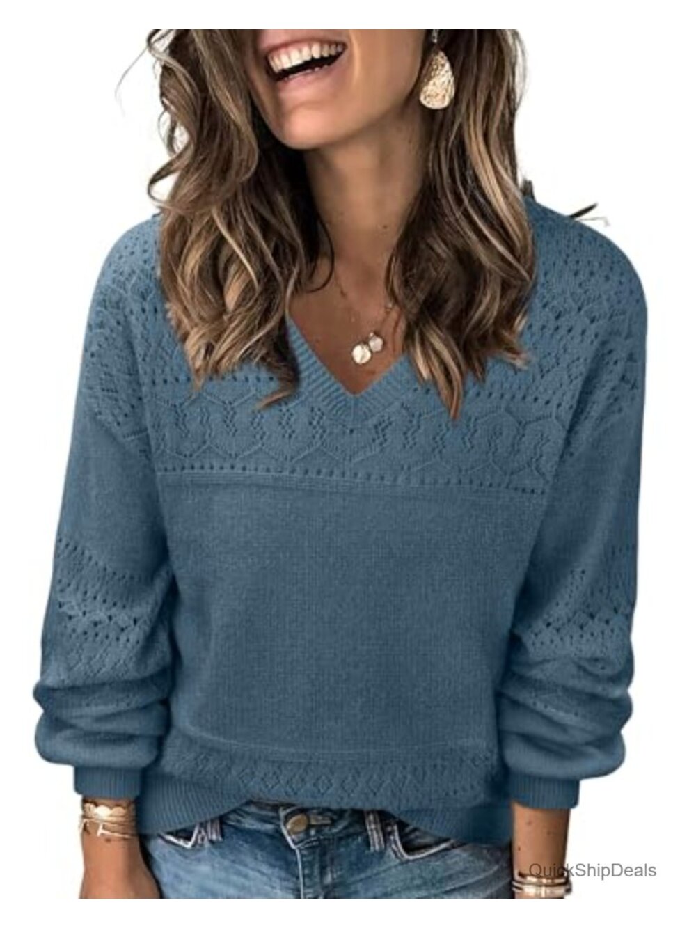 Women's Lightweight V Neck Crochet Pullover Sweater Casual Loose Fit